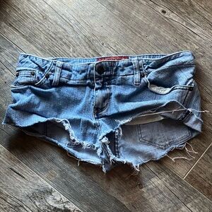 Vintage Hot Kiss Blue Jean Shorts Distressed Ultra Short Cut-Offs
